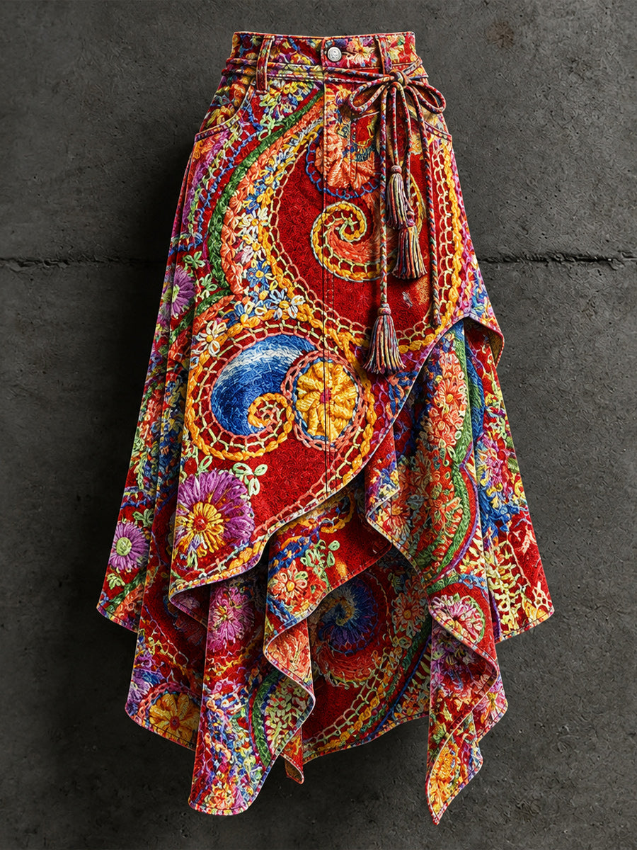 Women's Retro Style Art Print Irregularly Layered Stitched Skirt