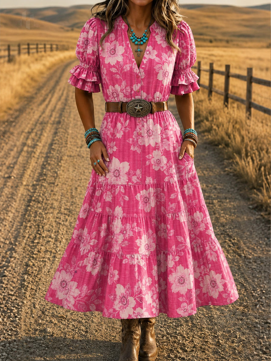 Women's Retro Art Print Washed Cotton Layered Patchwork Midi Dress
