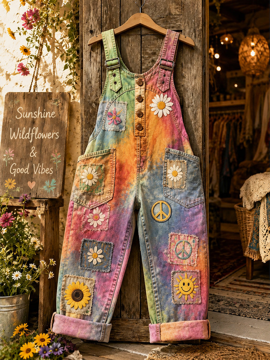 Women's Retro Style Art Print Washed Cotton Denim Patchwork Jumpsuit