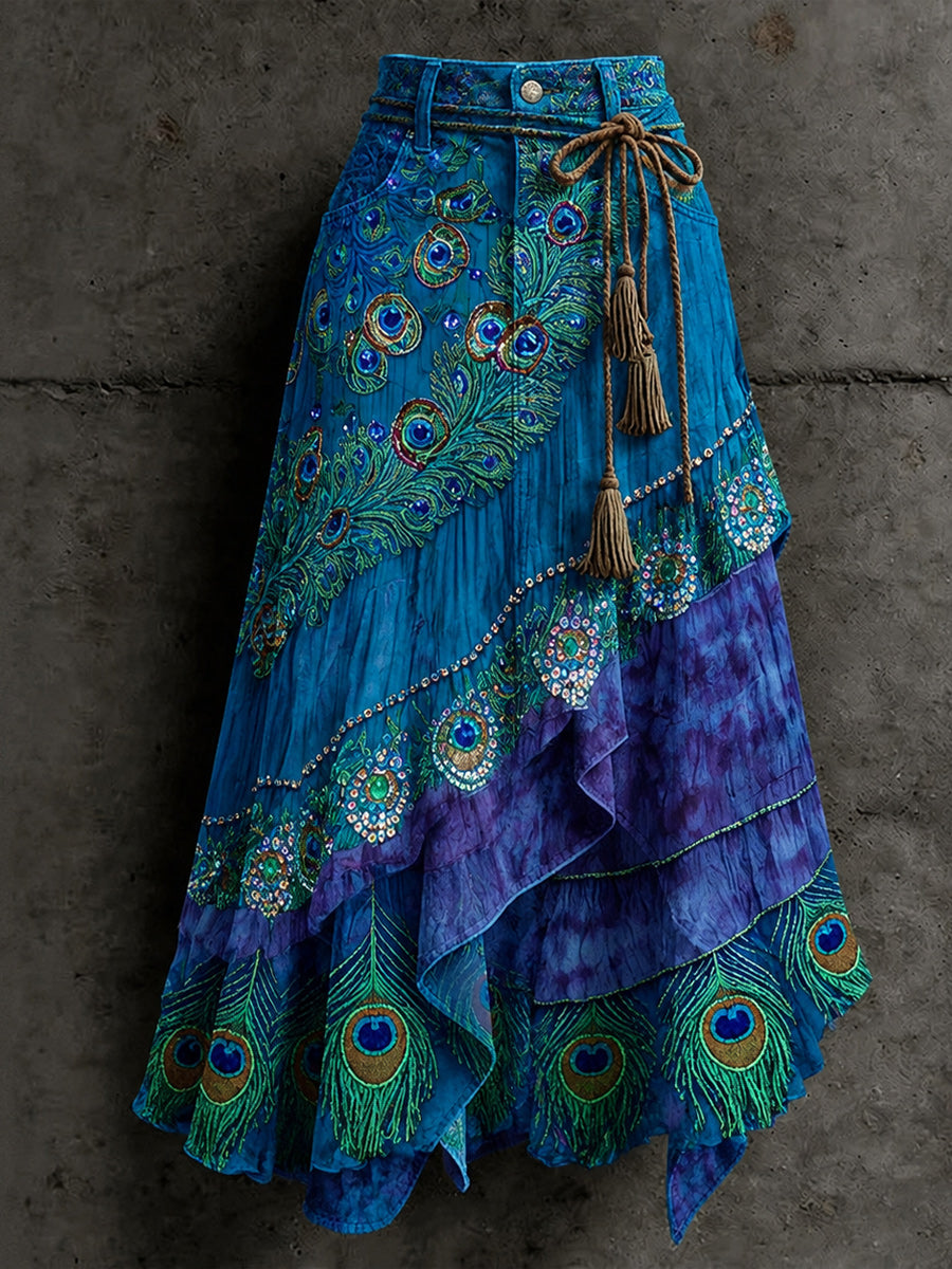 Women's Retro Style Art Print Irregularly Layered Stitched Skirt