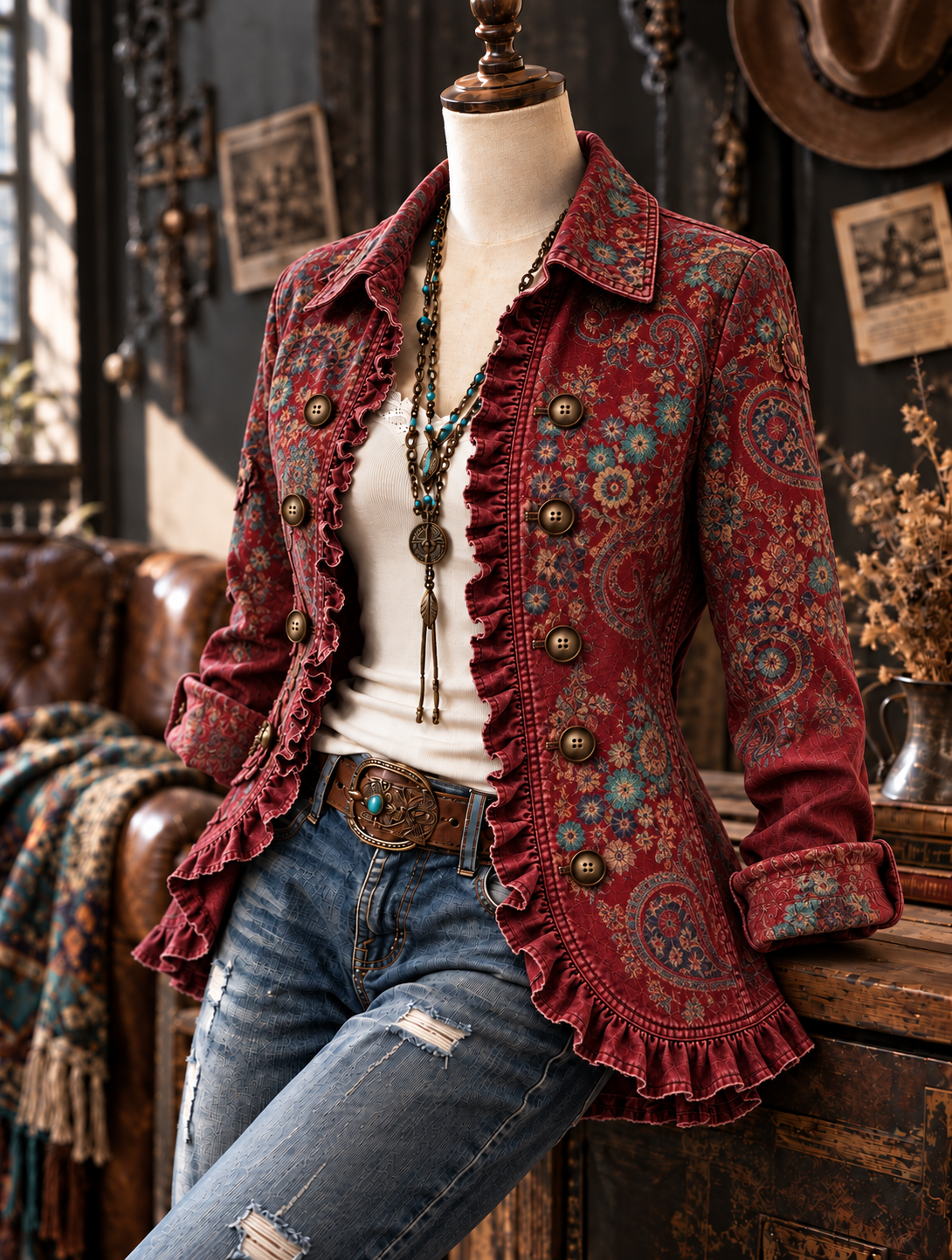 Women's Vintage Floral Art Print Casual Ruffled Shirt Jacket