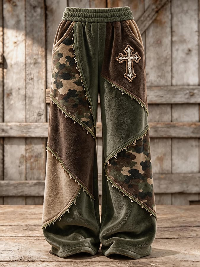 Women's Retro Camouflage Cross Pattern Patchwork Print Casual Flannel Sweatpants