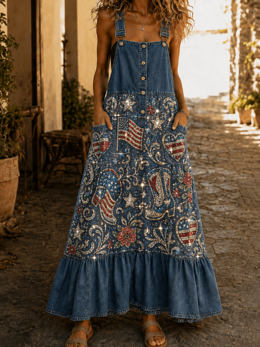 Women's Retro Art Print American Style Midi Dress