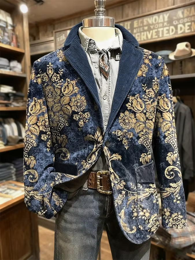 Men's Retro Western Style Art Pattern Casual Blazer