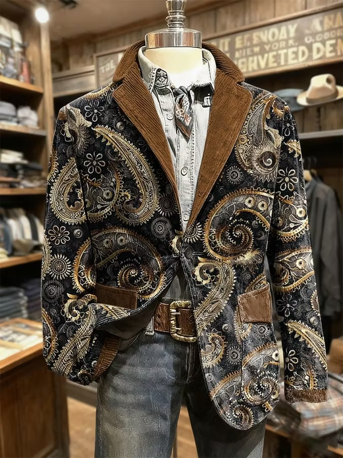 Men's Retro Western Style Art Pattern Casual Blazer