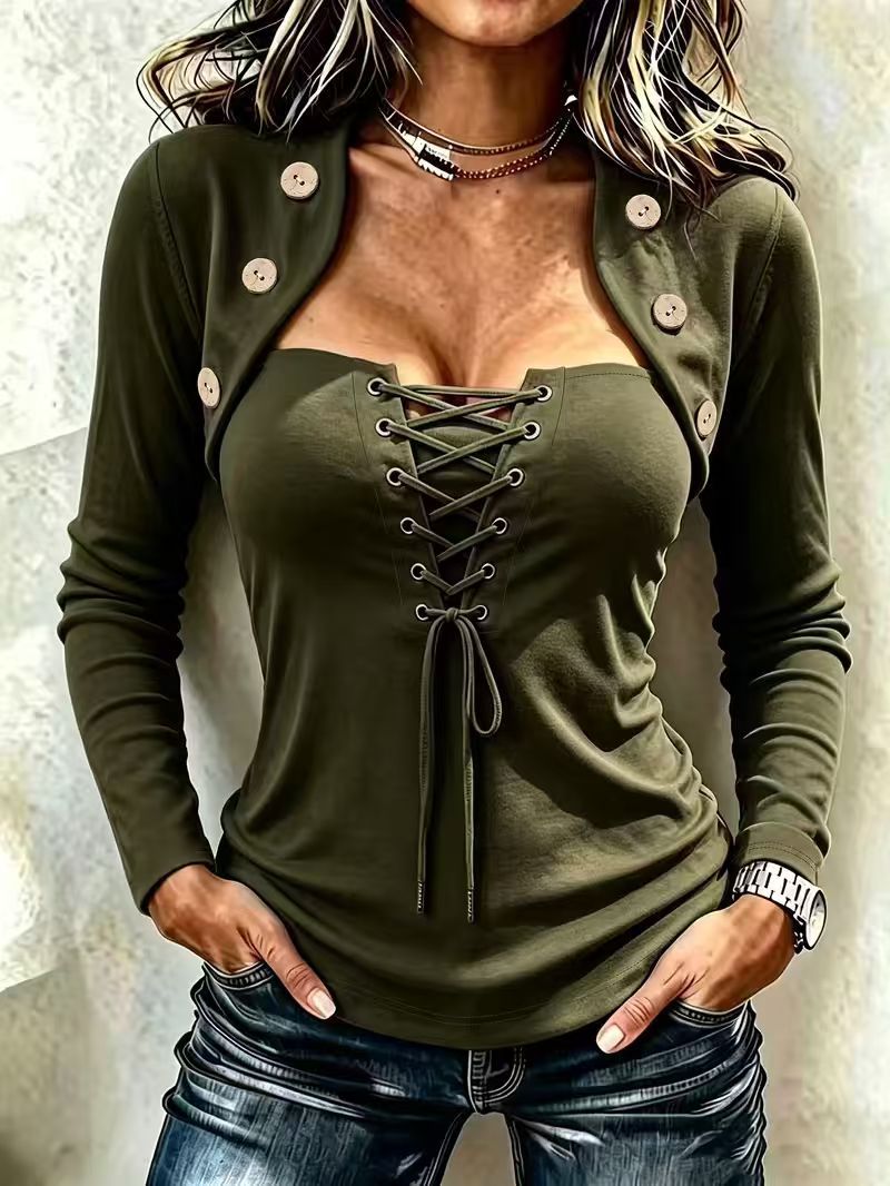 Casual Fashion Solid Color Lace Up Long Sleeve Shirt