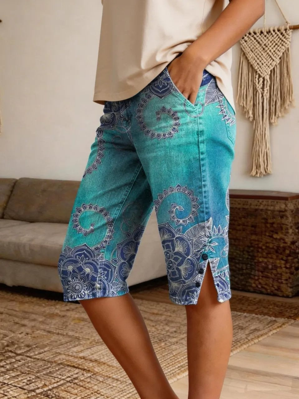 Retro Floral Print Vintage Casual Denim Short