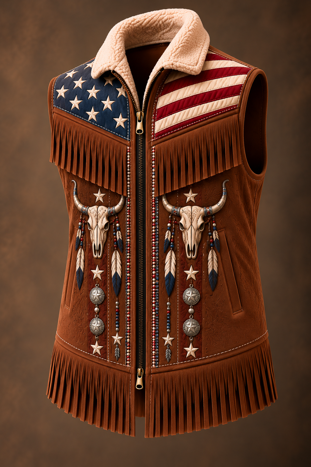 Men's Western Art Fur Collar Long Sleeve Fringe Jacket