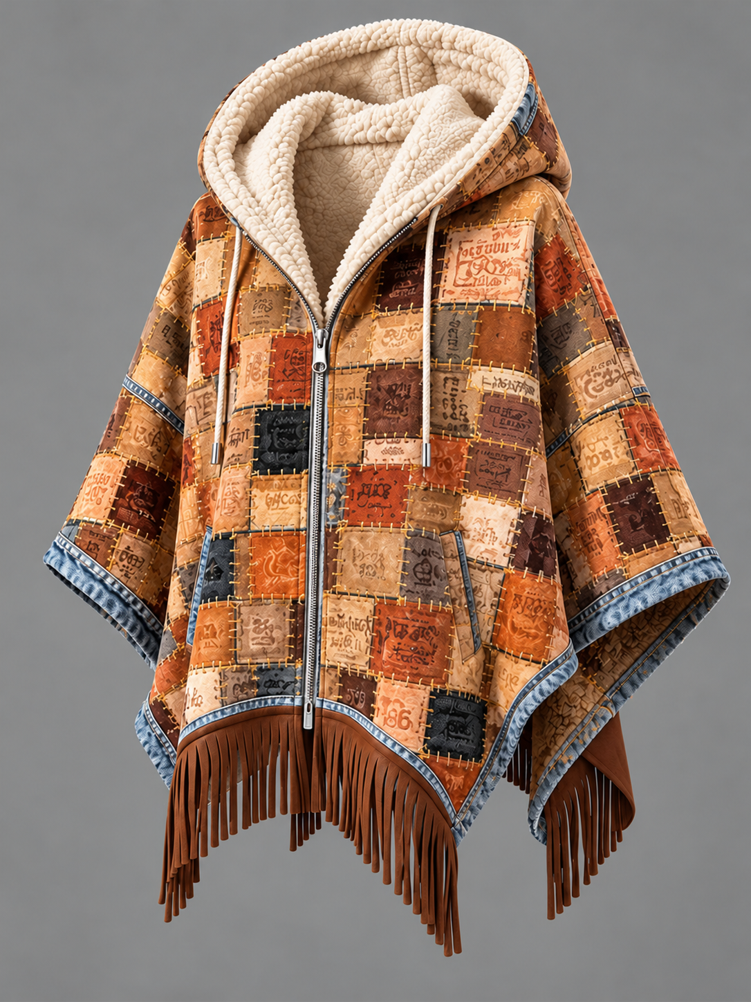 Women's Fall Winter Vintage Art Fleece-Lined Hooded Fringe Poncho