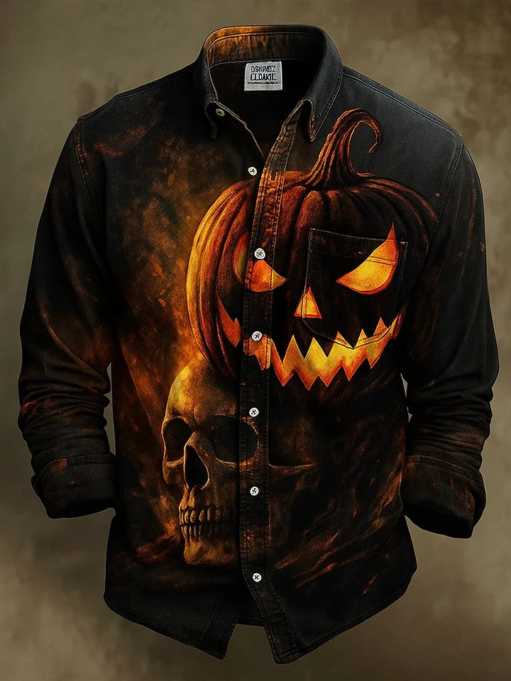 Gothic Skull Halloween Art Print Vintage Casual Long Sleeve Shirt