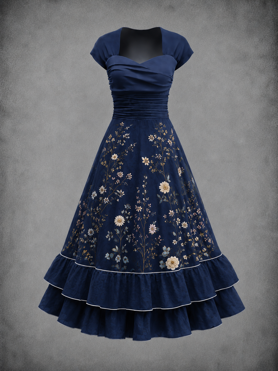 Floral Art Print Vintage Short Sleeve Midi Dress