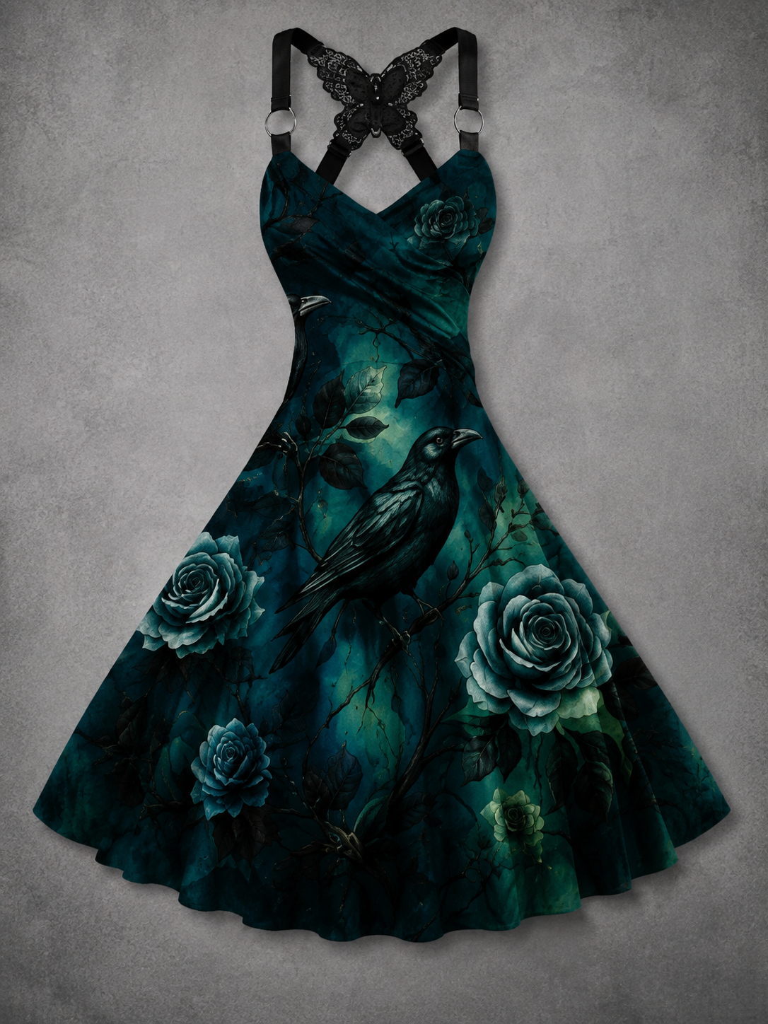 Gothic Art Printed Vintage V-Neck Sleeveless Midi Dress