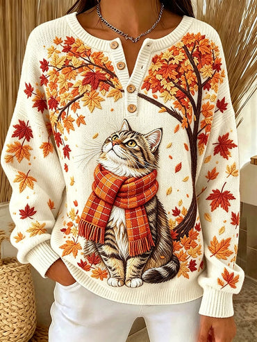 Women's Casual Print Button-Up Collar Knit Top