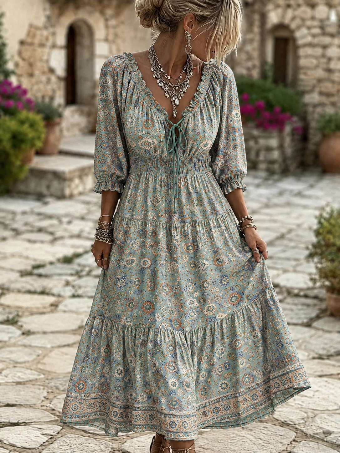 Retro Floral Art Print V-Neck Midi Dress