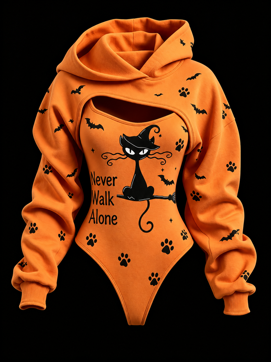 Women's Retro Halloween Black Cat Paw Bat Print Hoodie Two-piece Set