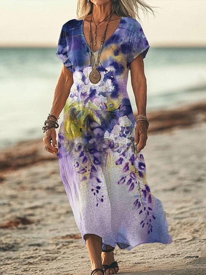 Woven Women's Alzheimer's Forget-Me-Not Purple Floral Print Cotton and Linen Dress