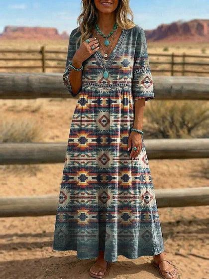 Retro Floral Art Print V-Neck Western Dress