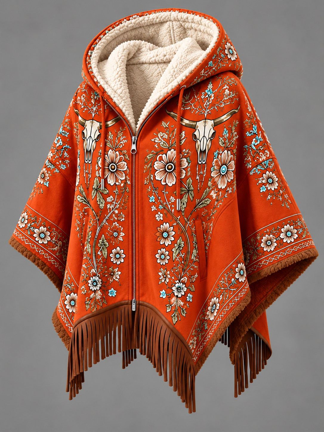 Women's Fall Winter Vintage Art Fleece-Lined Hooded Fringe Poncho