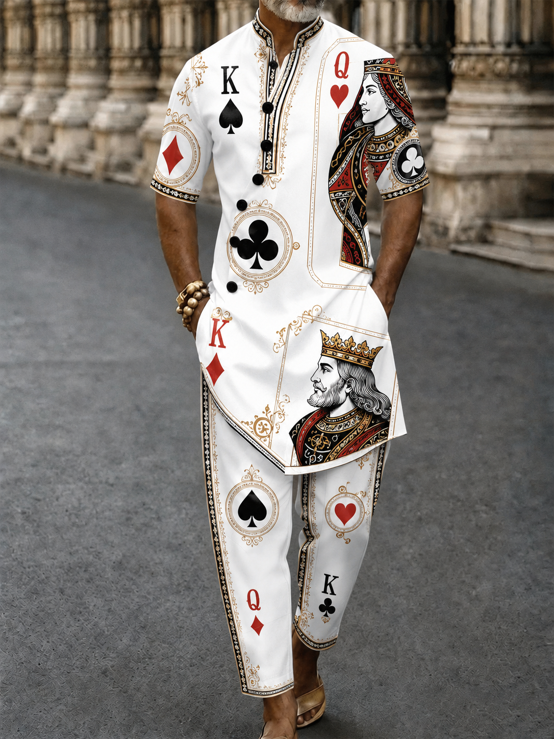 Men's Poker Card Art Casual Vacation Cotton Shirt Set