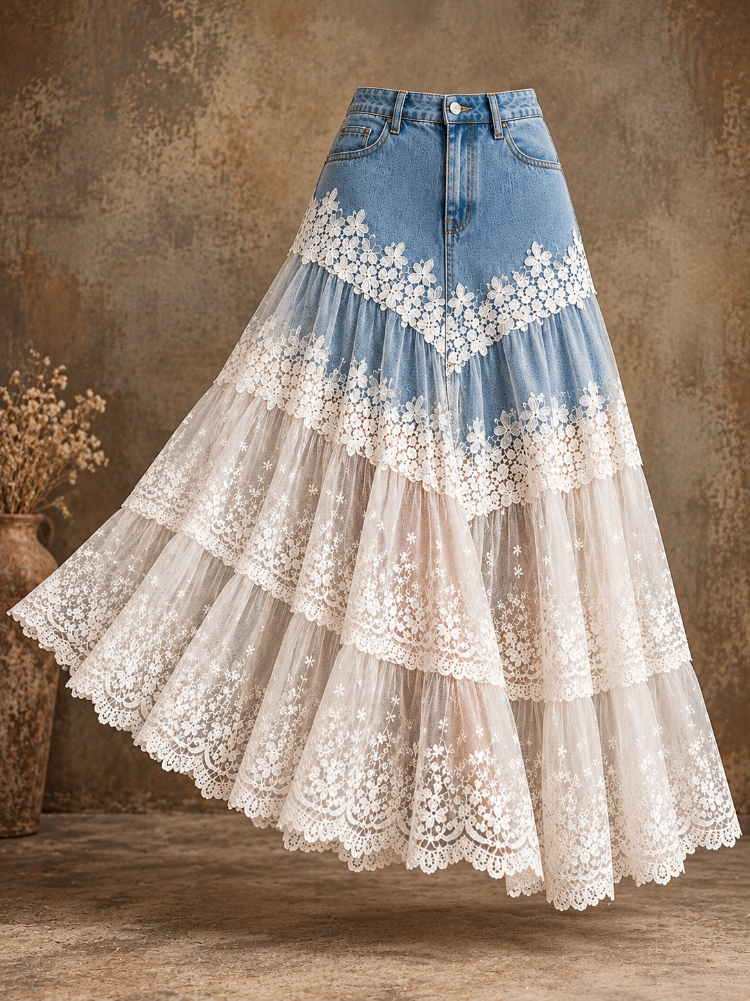 Women's Vintage Denim Patchwork Tiered Lace Midi Skirt