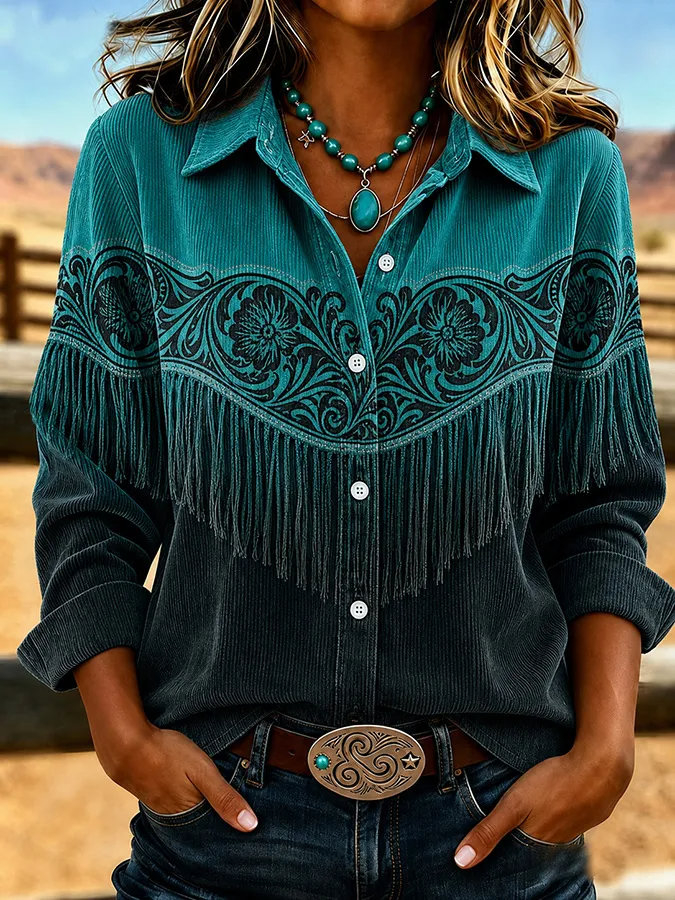 Western Style Floral Art Print Long Sleeve Shirt
