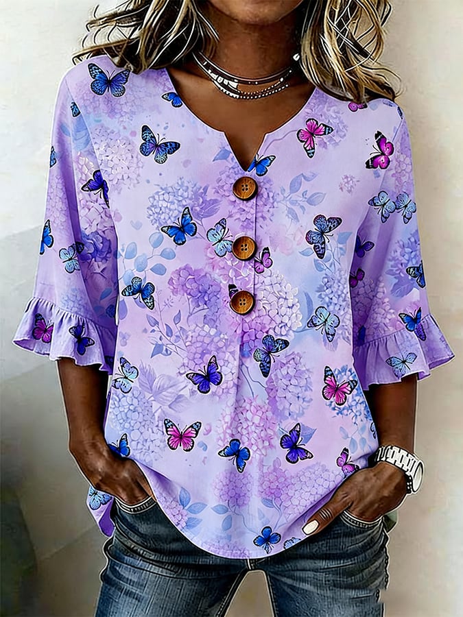 Women's Casual Artistic Purple Cotton-Linen Shirt