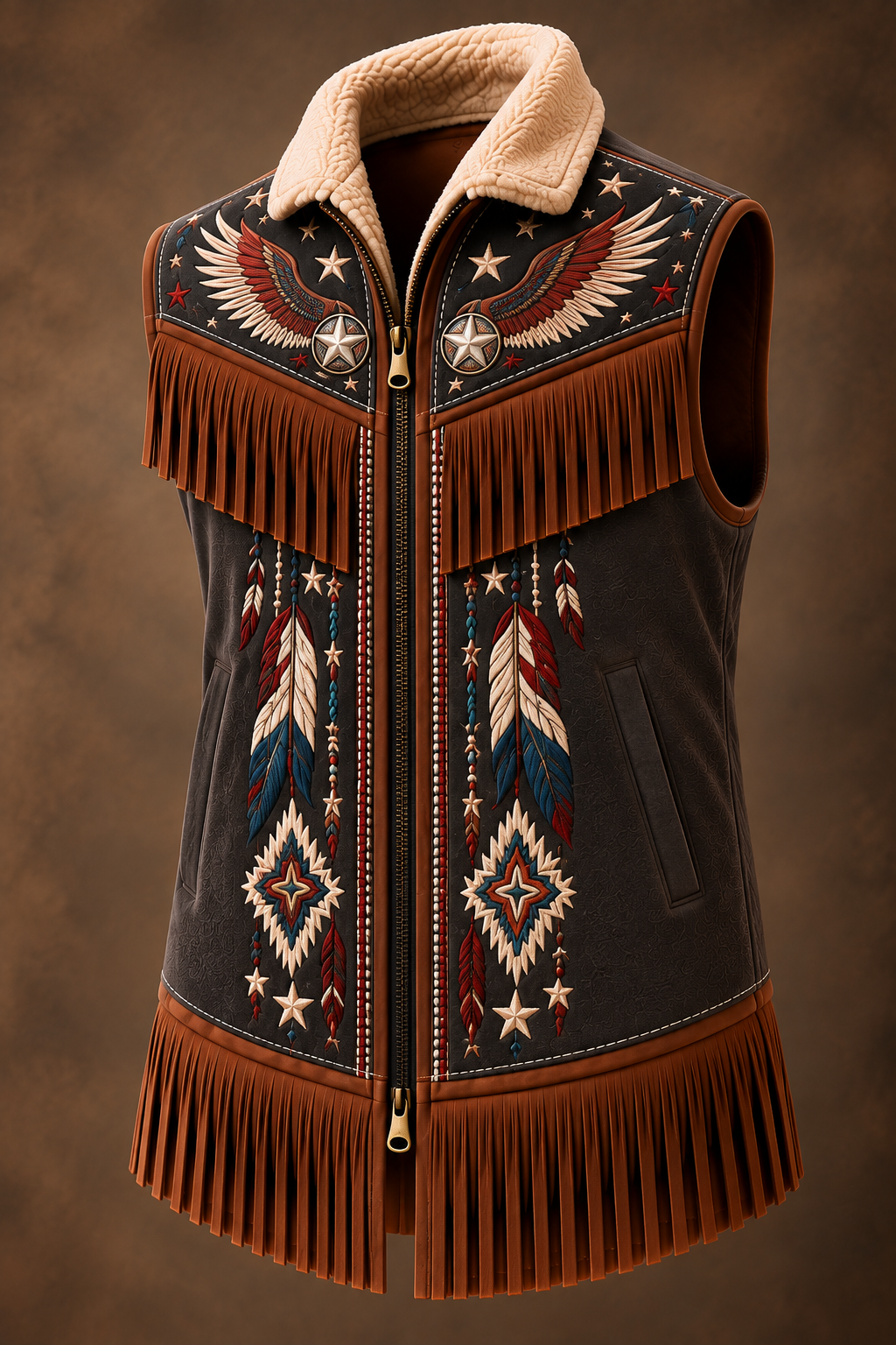 Men's Western Art Fur Collar Long Sleeve Fringe Jacket