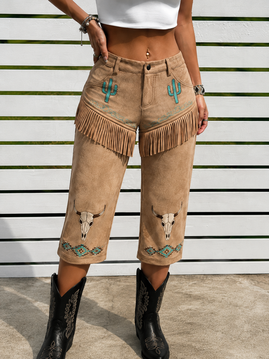 Retro Art Print Western Style Fringe Pants