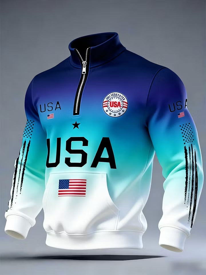 USA Flag Art Print Long Sleeve Zipper Sweatshirt