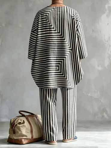 Men's Fashionable Stripes Print Casual Comfort Crew Neck Top And Pants Two-piece Set