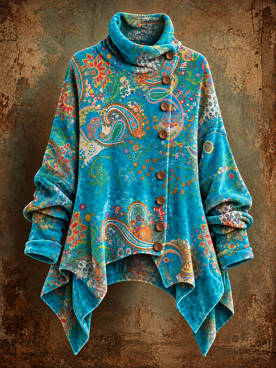 Vintage Floral Art Print High Neck Velvet Coat