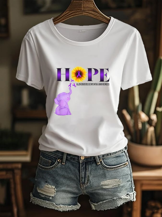 Women's “Alzheimers Awareness Ribbon Purple Elephant” Design Printed Crew Neck T-Shirt