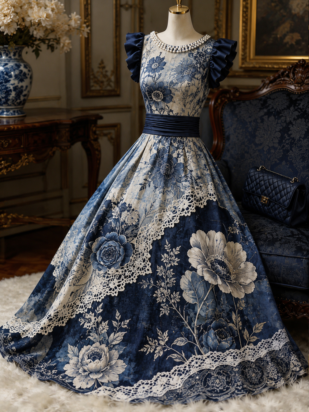 Retro Floral Art Printed Elegant V-Neck Ruffled Sleeves Maxi Dress