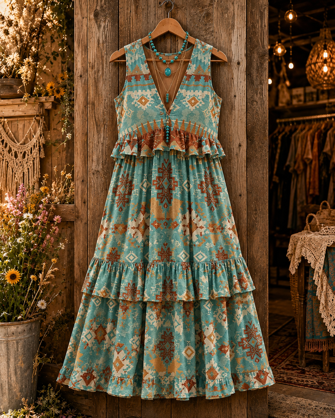 Floral Art Printed Vintage V-Neck Sleeveless Midi Dress