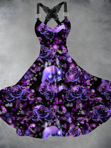 Gothic Art Printed Vintage V-Neck Sleeveless Midi Dress