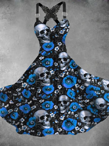 Gothic Art Printed Vintage V-Neck Sleeveless Midi Dress