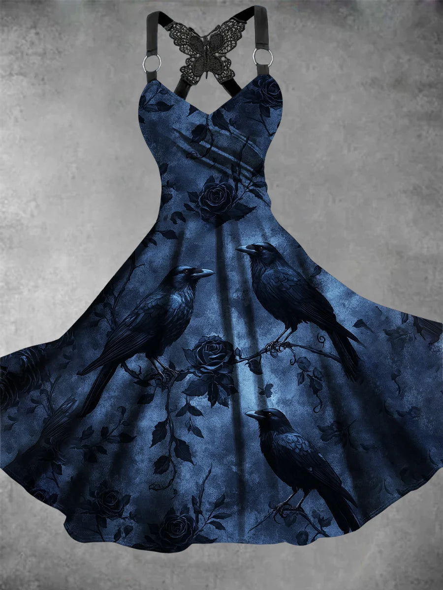 Gothic Art Printed Vintage V-Neck Sleeveless Midi Dress