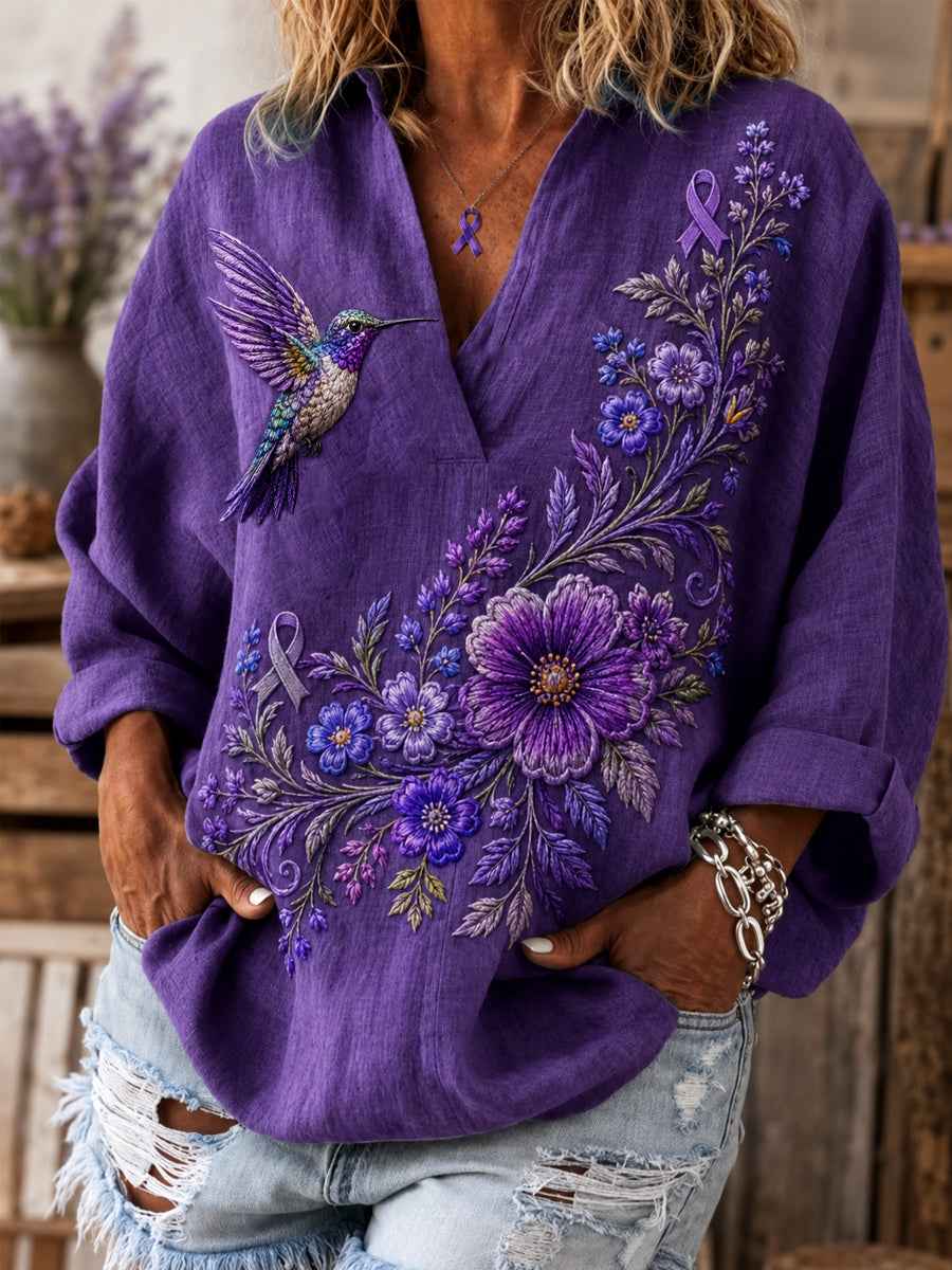 Women's Purple Floral & Hummingbird Print Alzheimer's Awareness Support V-Neck Shirt