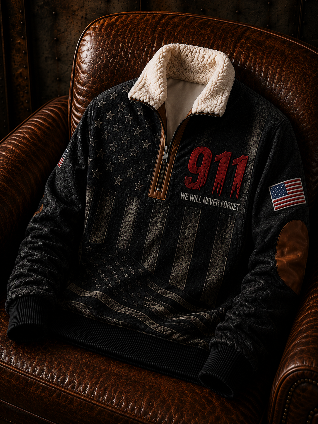 Men's U.S. 9.11 Never Forget Jacquard Fabric Zipper Fur Collar Long Sleeve Coat