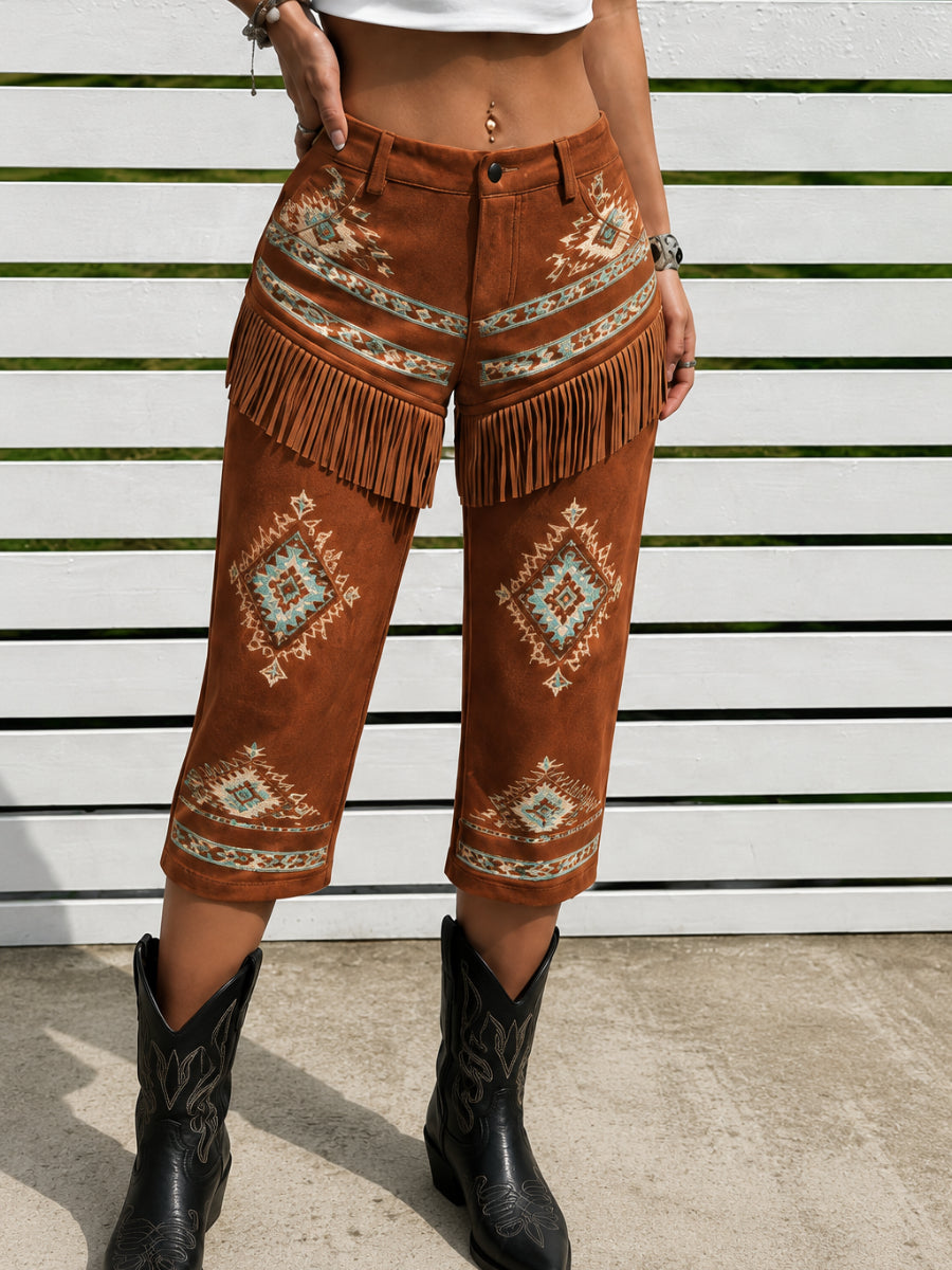 Retro Art Print Western Style Fringe Pants