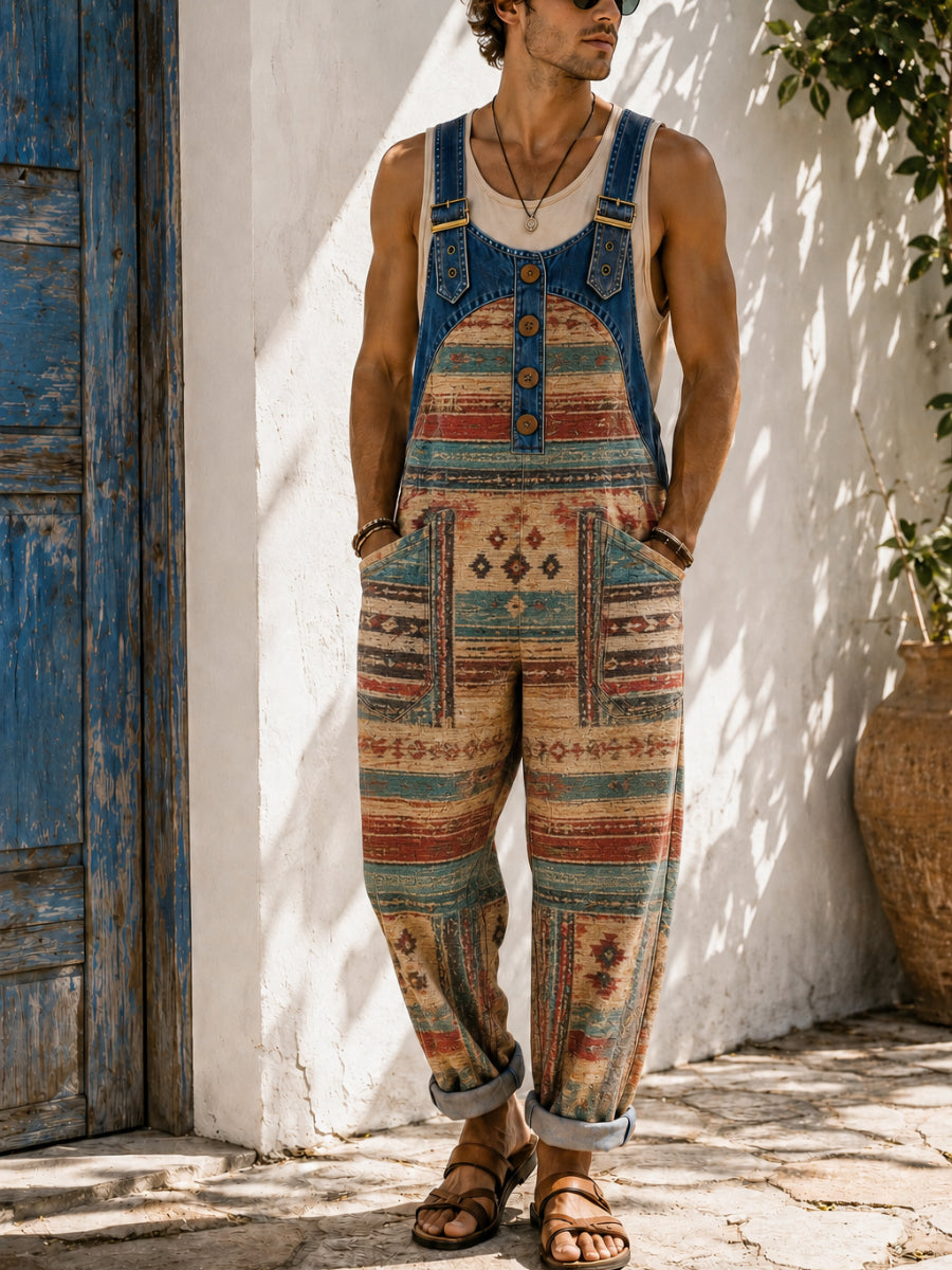 Men's Retro Art Print Casual Sleeveless Denim Patchwork Jumpsuit