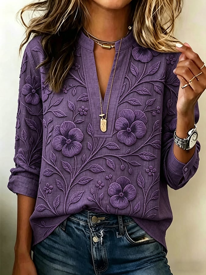 Women's Casual Purple Floral Art-Style Cotton-Linen Shirt