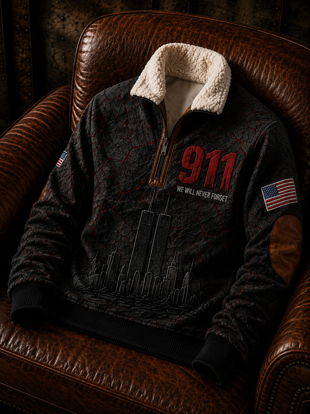 Men's U.S. 9.11 Never Forget Jacquard Fabric Zipper Fur Collar Long Sleeve Coat