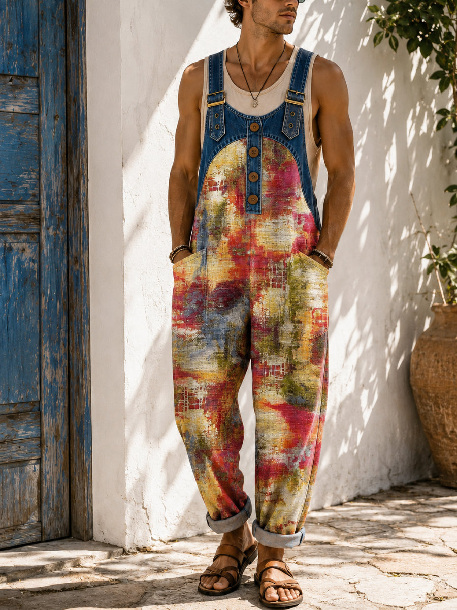 Men's Retro Art Print Casual Sleeveless Denim Patchwork Jumpsuit