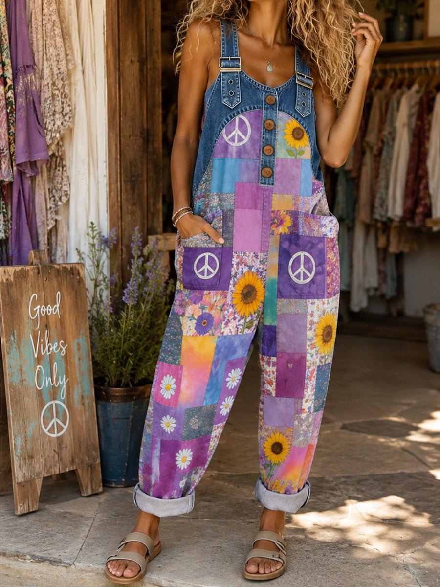 Women's Retro Style Art Print Washed Cotton Denim Patchwork Jumpsuit