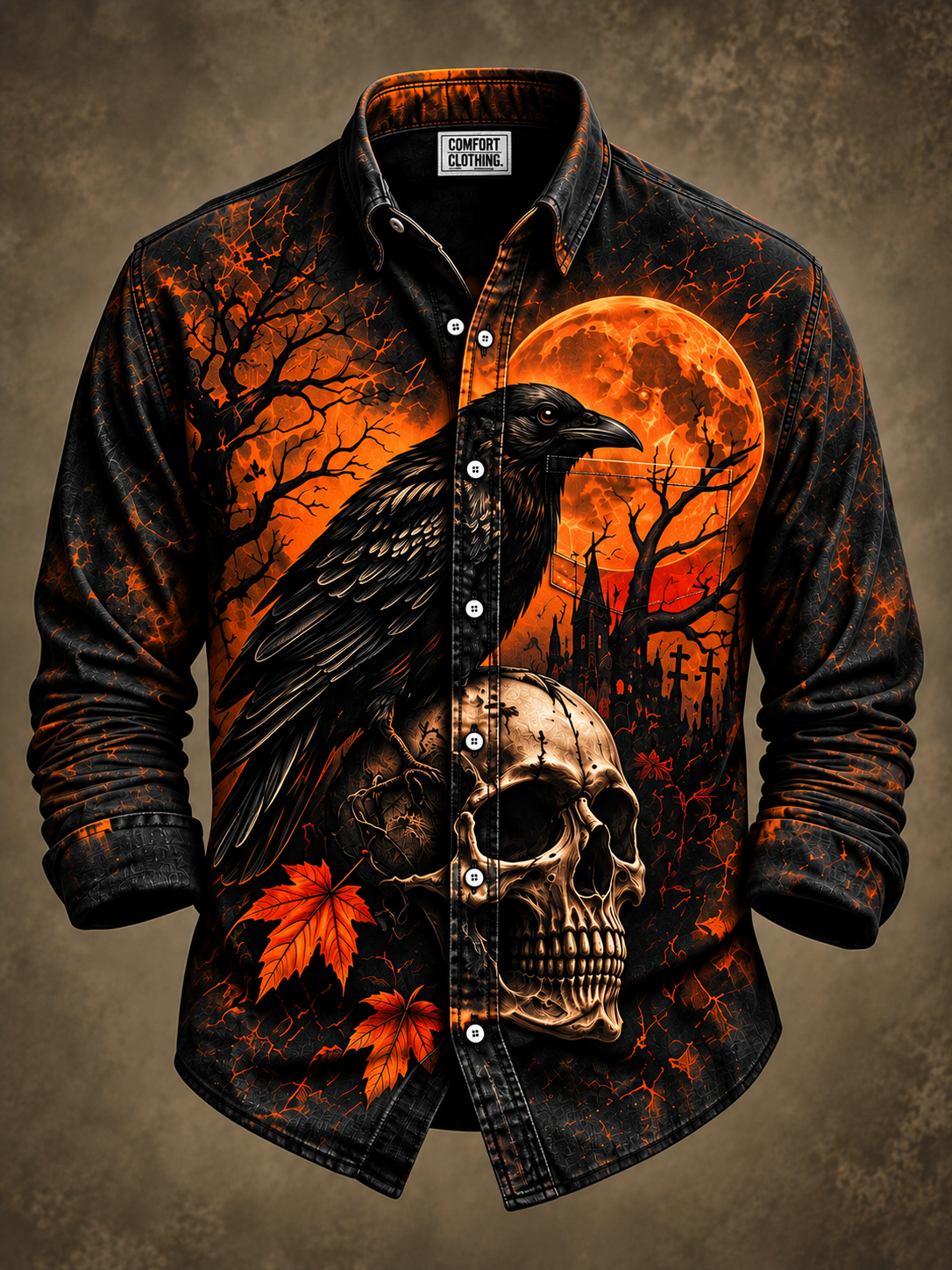 Gothic Skull Halloween Art Print Vintage Casual Long Sleeve Shirt