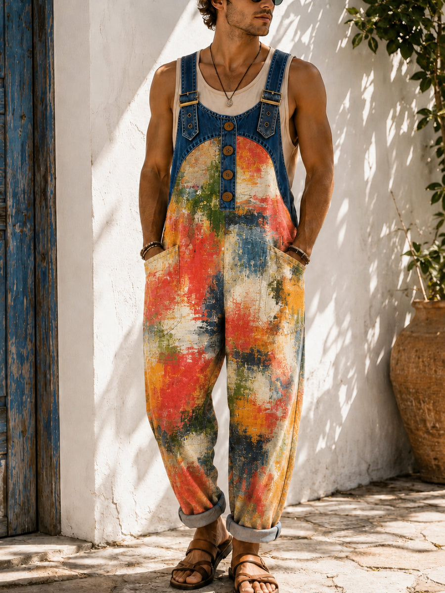 Men's Retro Art Print Casual Sleeveless Denim Patchwork Jumpsuit