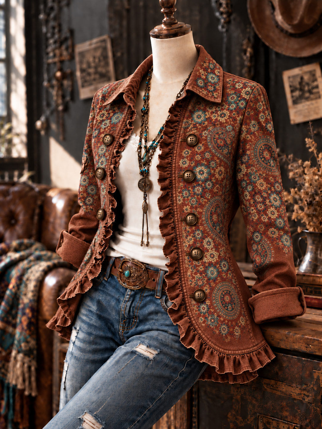 Women's Vintage Floral Art Print Casual Ruffled Shirt Jacket