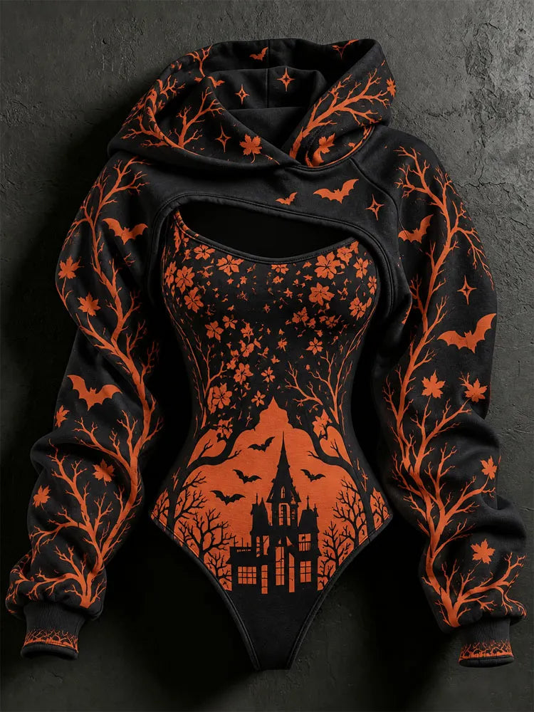 Women's Halloween Gothic Style Plant Forest Deep Castle Print Pullover Sweatshirt Two-piece Set