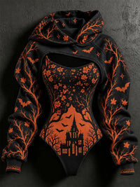 Women's Halloween Gothic Style Plant Forest Deep Castle Print Pullover Sweatshirt Two-piece Set